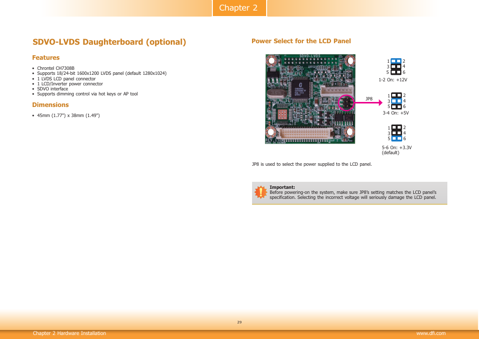 Chapter 2 sdvo-lvds daughterboard (optional) | DFI SB102-D User Manual | Page 29 / 60