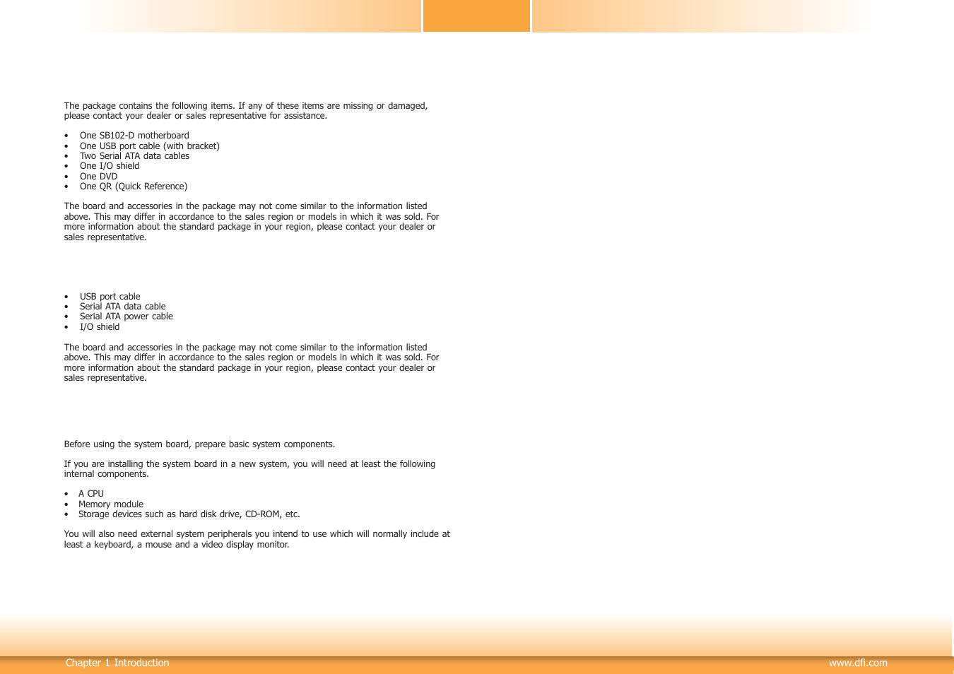 About the package, Before using the system board, Optional items | DFI SB102-D User Manual | Page 5 / 60