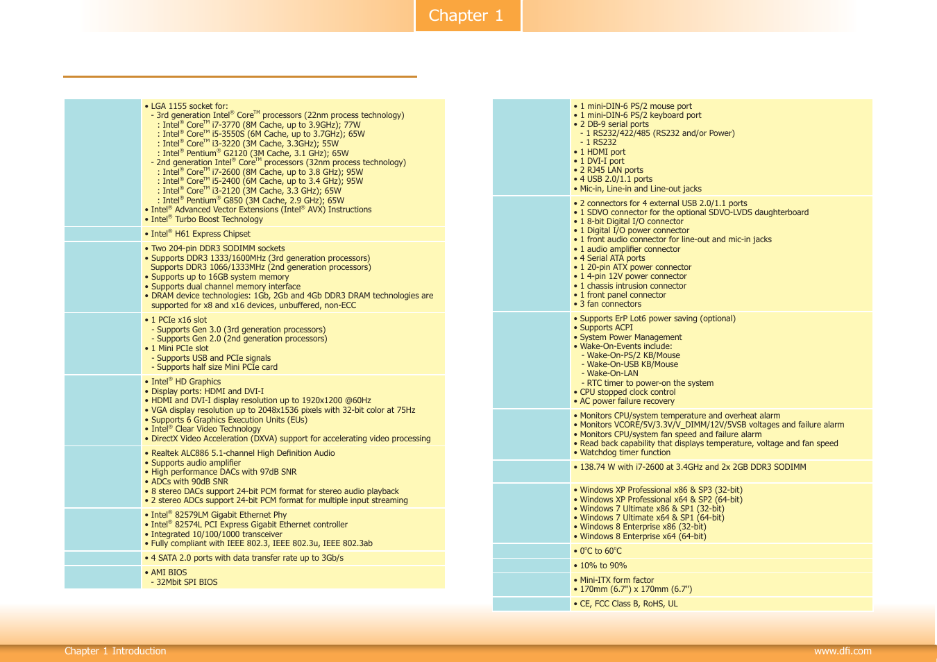 Chapter 1 - introduction, Specifications, Chapter 1 | DFI SB102-D User Manual | Page 6 / 60
