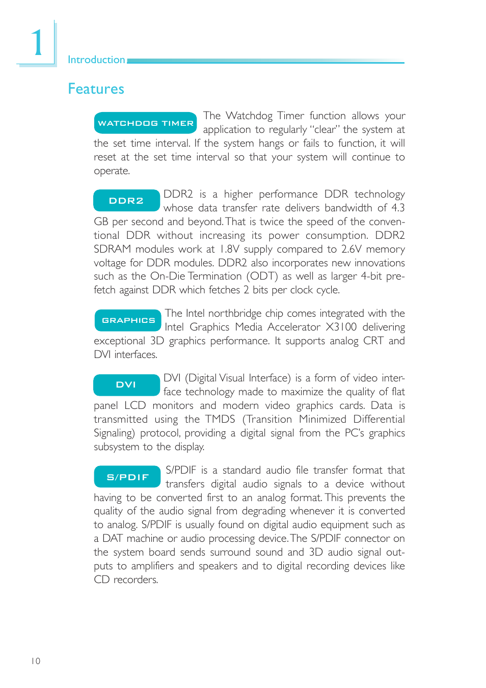 Features | DFI SR100-L20C User Manual | Page 10 / 144