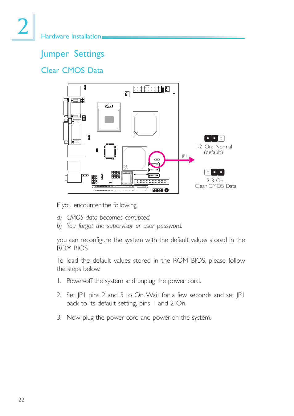 Jumper settings, Clear cmos data | DFI SR100-L20C User Manual | Page 22 / 144