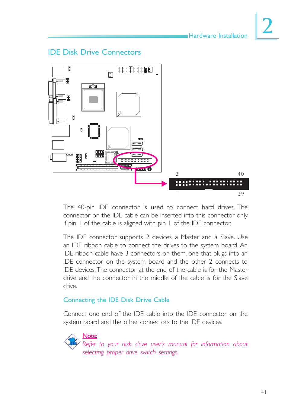 Ide disk drive connectors | DFI SR100-L20C User Manual | Page 41 / 144
