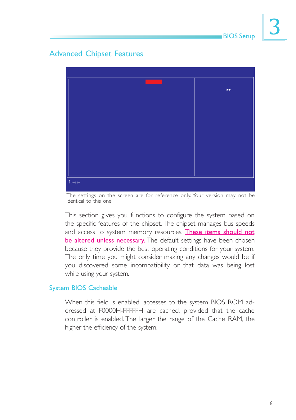 Advanced chipset features, Bios setup | DFI SR100-L20C User Manual | Page 61 / 144