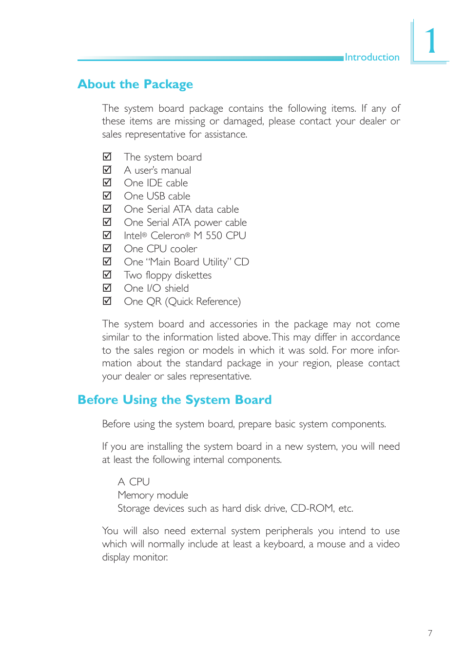 About the package, Before using the system board | DFI SR100-L20C User Manual | Page 7 / 144