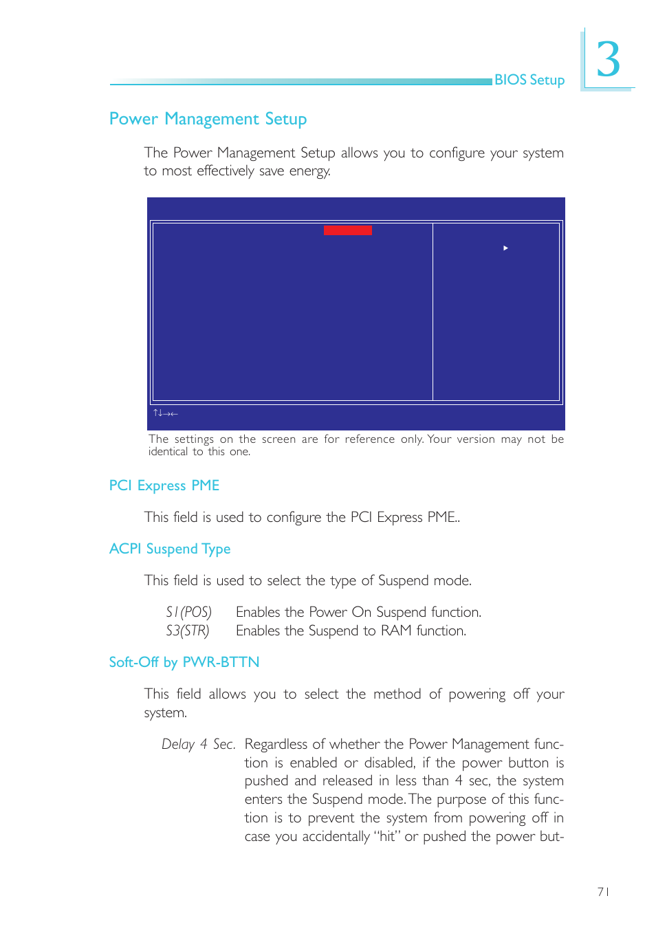 Power management setup, Bios setup | DFI SR100-L20C User Manual | Page 71 / 144