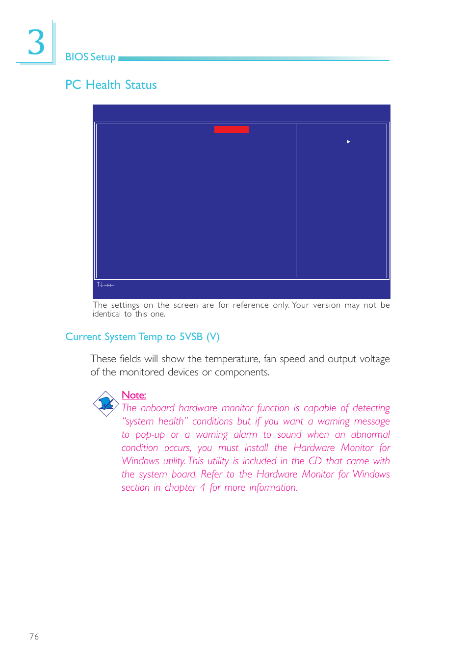Pc health status, Bios setup | DFI SR100-L20C User Manual | Page 76 / 144