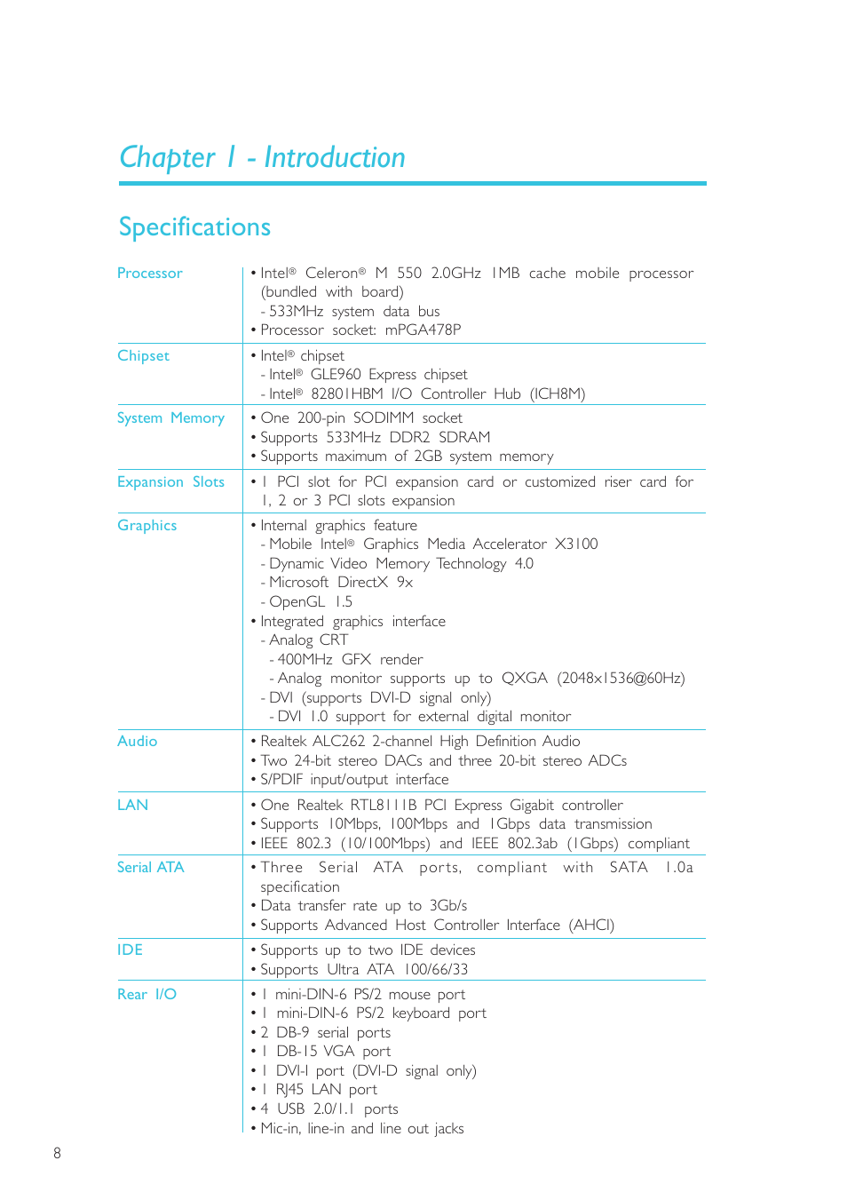 Chapter 1 - introduction, Specifications, Introduction | DFI SR100-L20C User Manual | Page 8 / 144