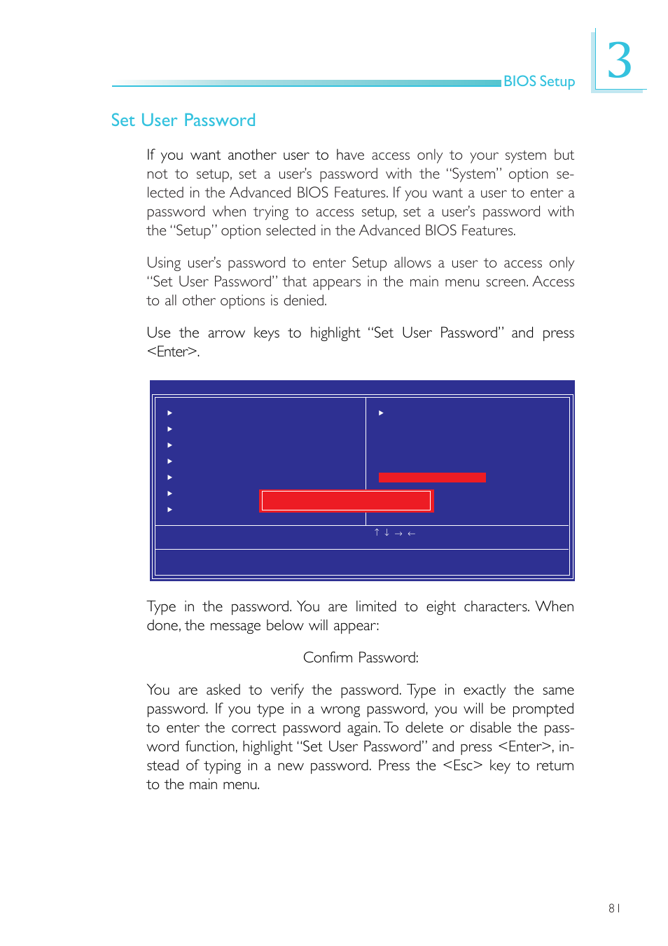 Set user password, Bios setup | DFI SR100-L20C User Manual | Page 81 / 144