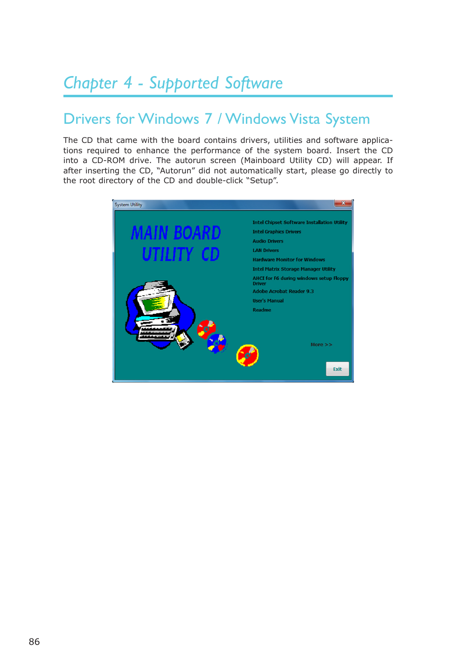 Chapter 4 - supported software, Drivers for windows 7 / windows vista system | DFI SR100-L20C User Manual | Page 86 / 144