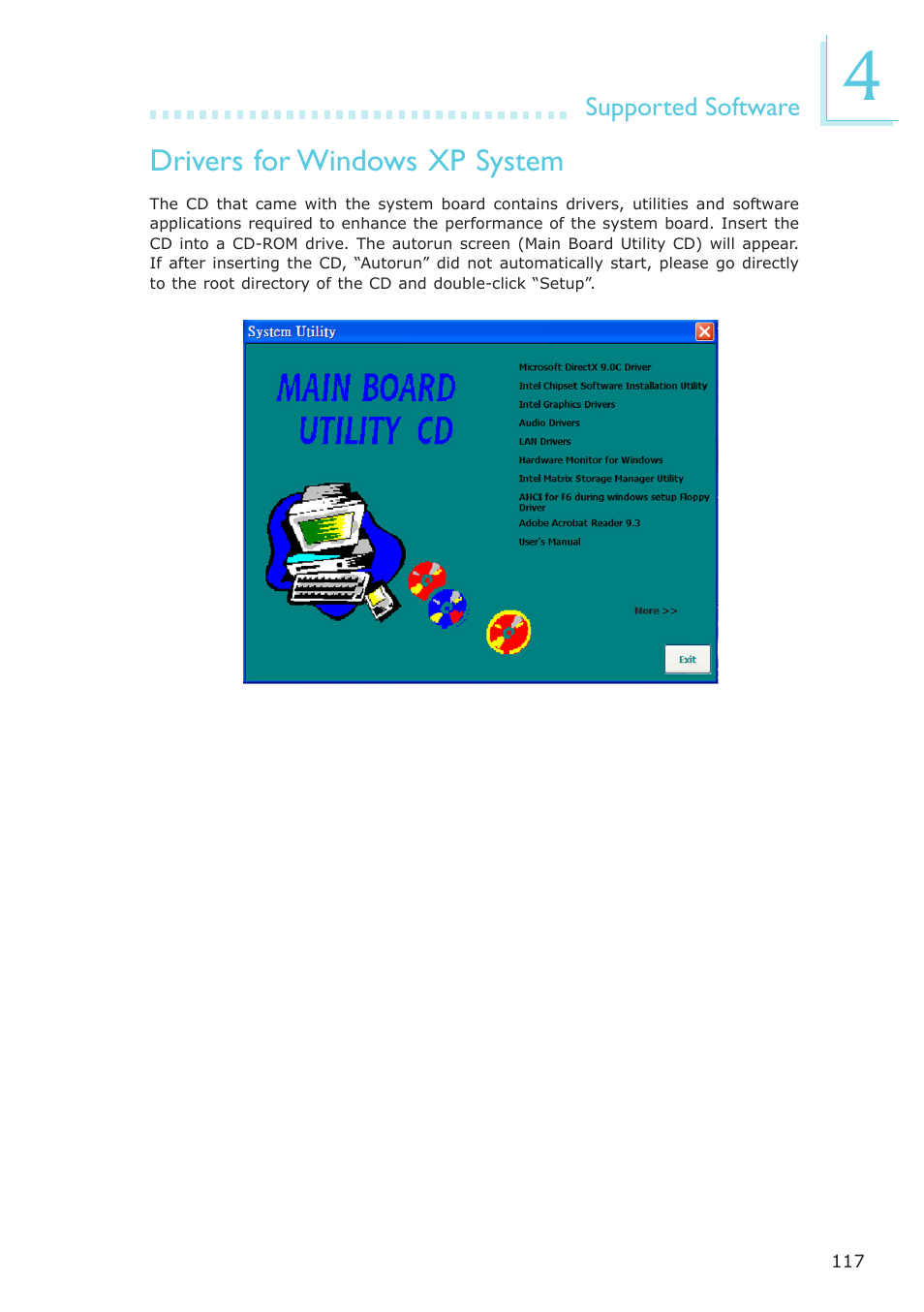 Drivers for windows xp system | DFI SR100-N User Manual | Page 117 / 152