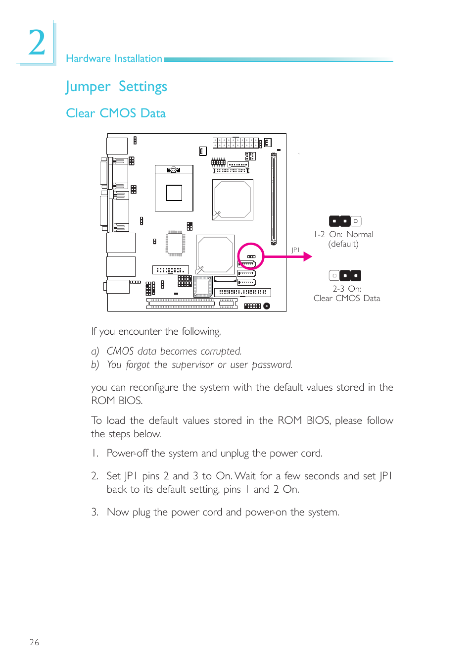 Jumper settings, Clear cmos data | DFI SR100-N User Manual | Page 26 / 152