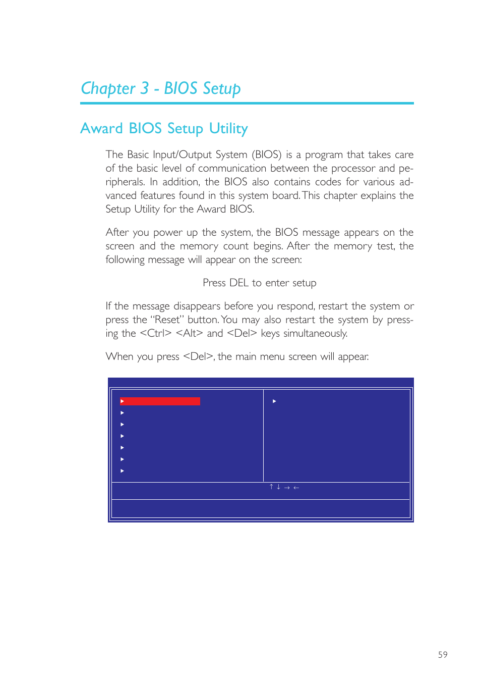 Chapter 3 - bios setup, Award bios setup utility, Bios setup | DFI SR100-N User Manual | Page 59 / 152