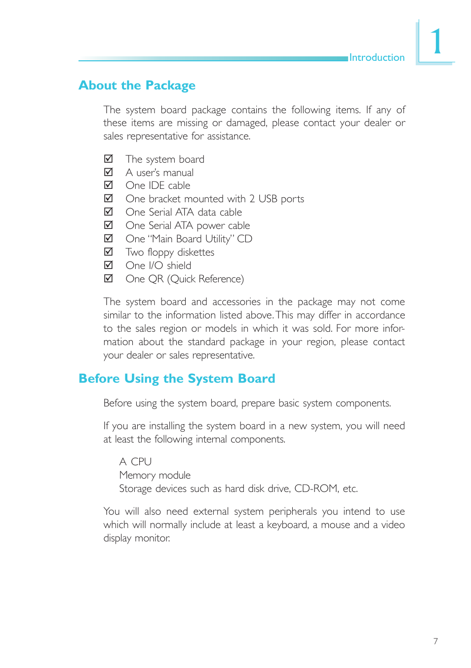 About the package, Before using the system board | DFI SR100-N User Manual | Page 7 / 152