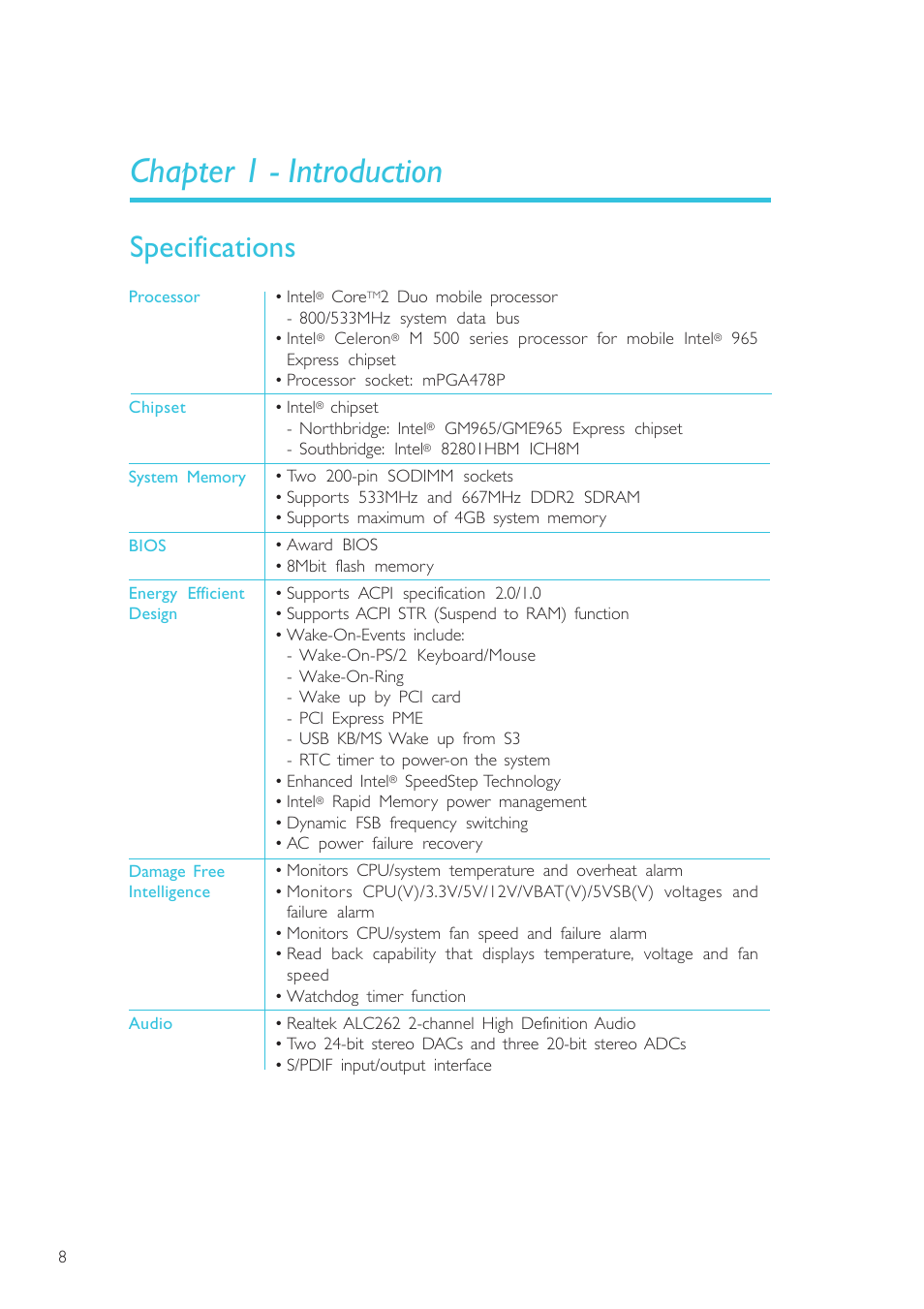 Chapter 1 - introduction, Specifications, Introduction | DFI SR100-N User Manual | Page 8 / 152