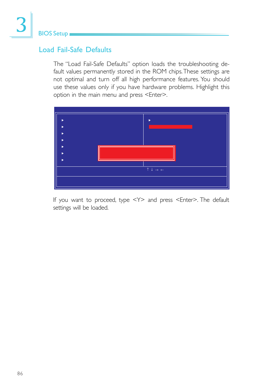 Load fail-safe defaults, Bios setup | DFI SR100-N User Manual | Page 86 / 152