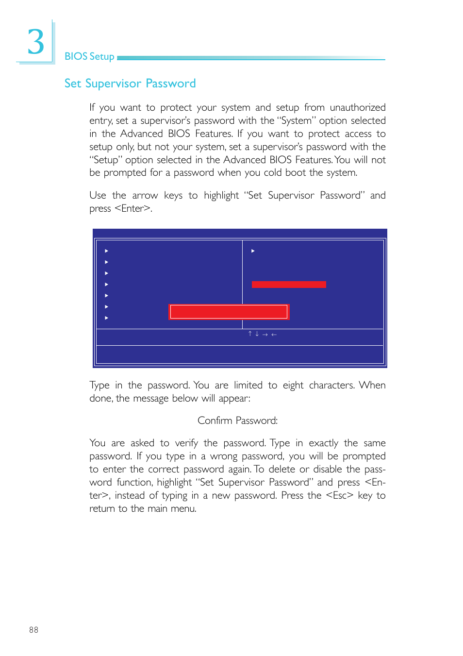 Set supervisor password, Bios setup | DFI SR100-N User Manual | Page 88 / 152