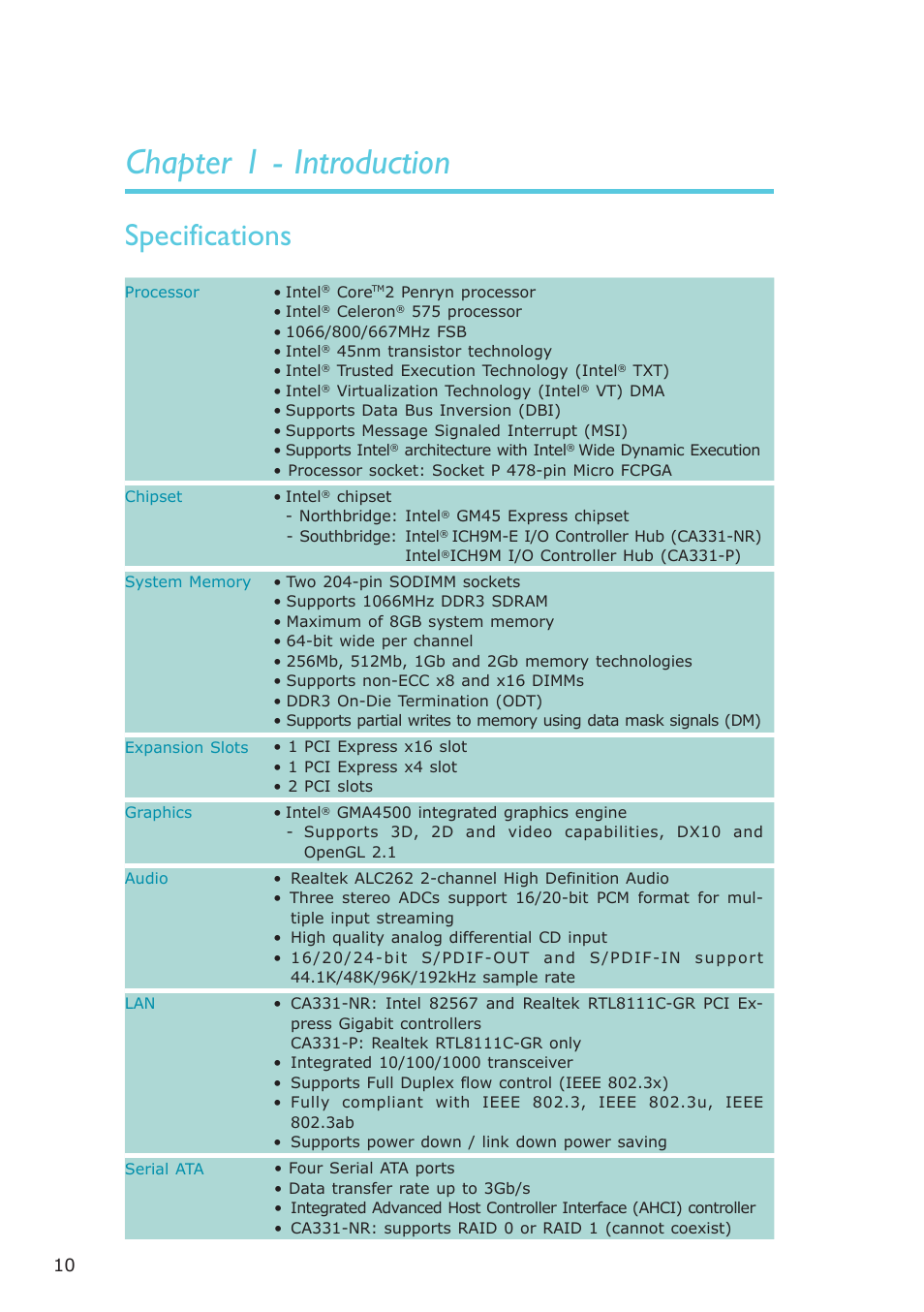 Chapter 1 - introduction, Specifications, Introduction | DFI CA331-NR User Manual | Page 10 / 131
