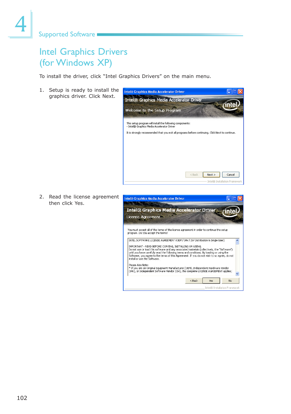Intel graphics drivers (for windows xp) | DFI CA331-NR User Manual | Page 102 / 131