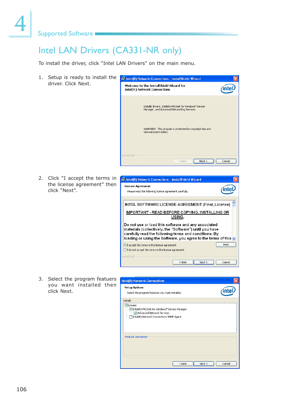 Intel lan drivers (ca331-nr only) | DFI CA331-NR User Manual | Page 106 / 131