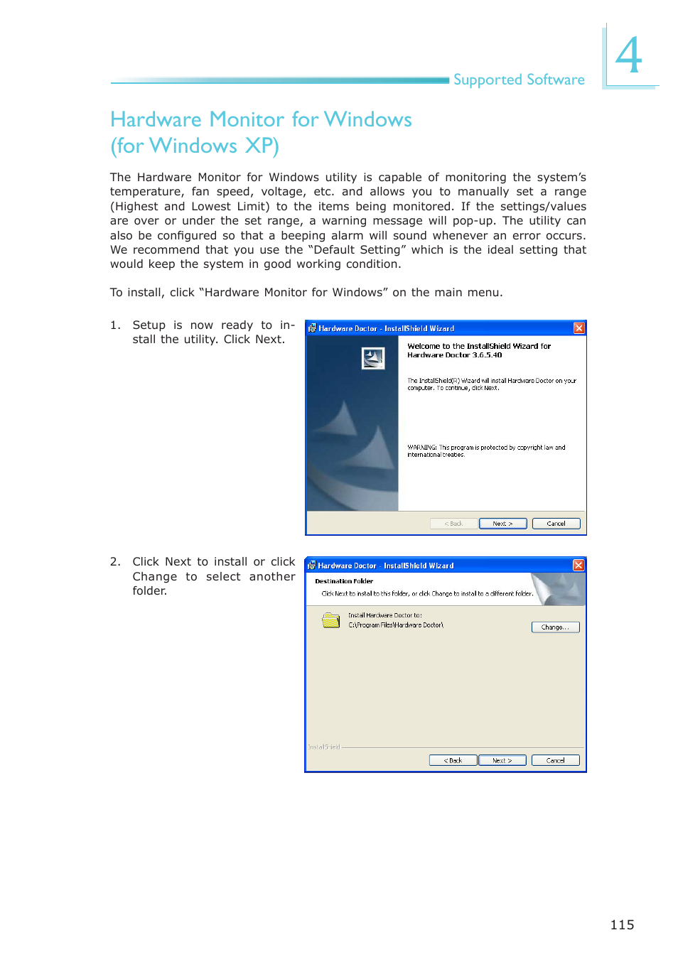 Hardware monitor for windows (for windows xp) | DFI CA331-NR User Manual | Page 115 / 131