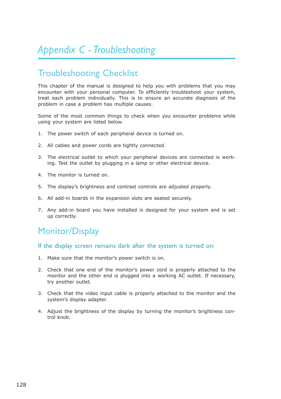 Appendix c - troubleshooting, Troubleshooting checklist, Monitor/display | DFI CA331-NR User Manual | Page 128 / 131