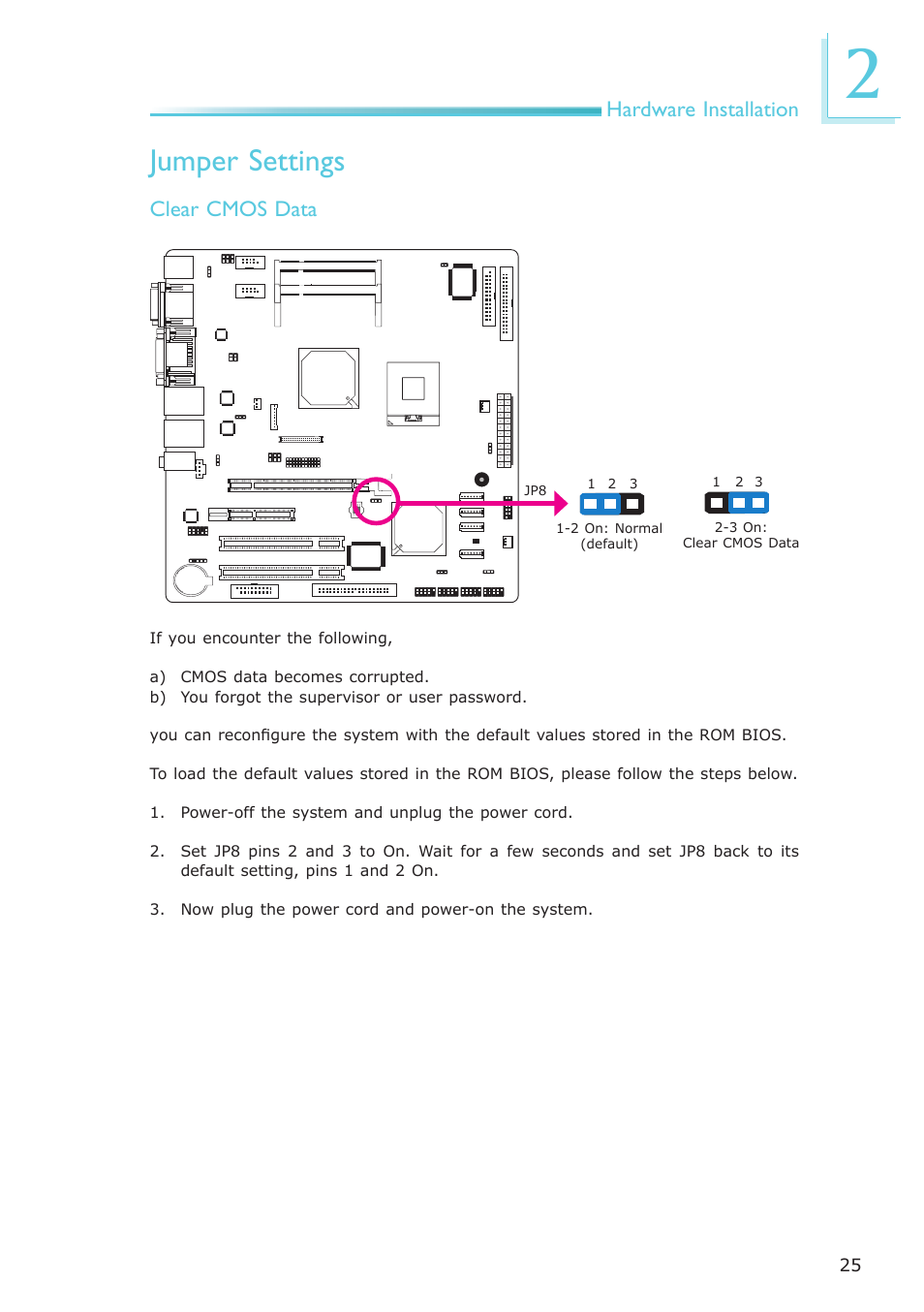 Jumper settings, Hardware installation, Clear cmos data | DFI CA331-NR User Manual | Page 25 / 131