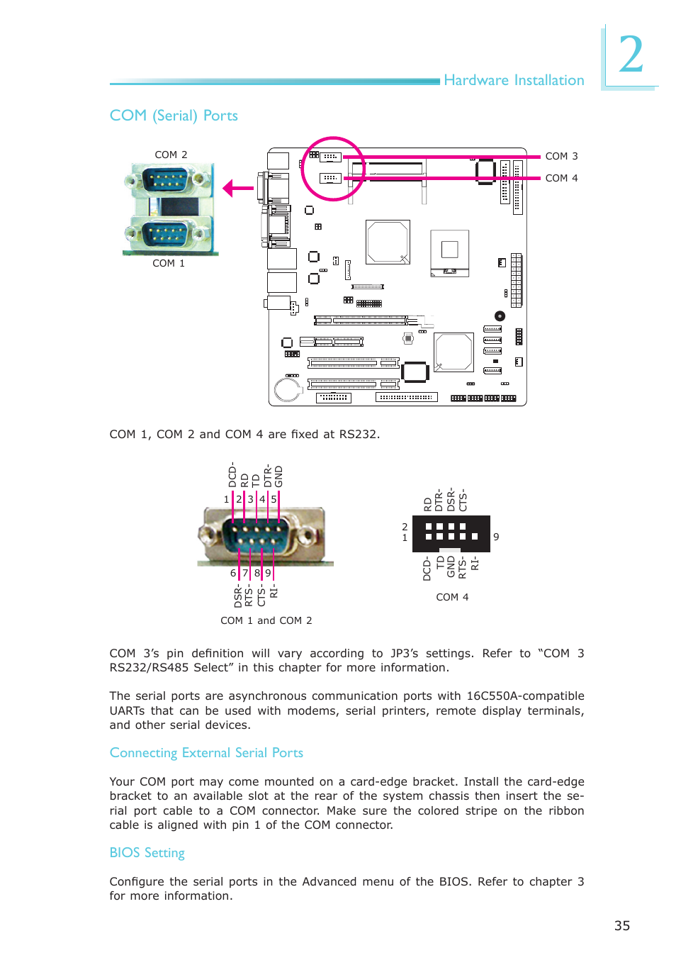 Hardware installation, Com (serial) ports, Connecting external serial ports | Bios setting | DFI CA331-NR User Manual | Page 35 / 131