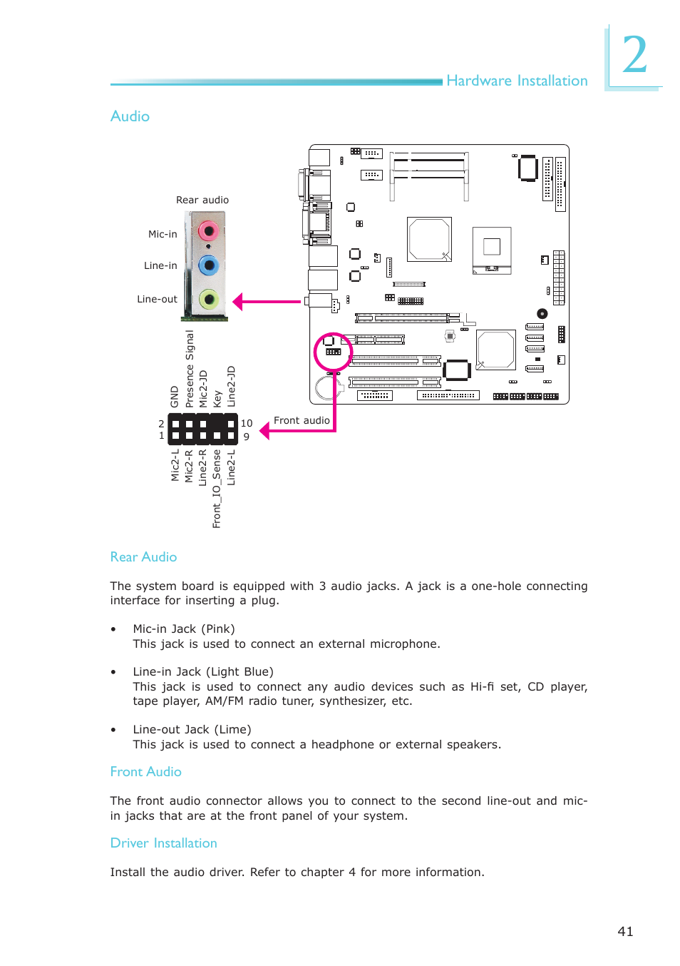 Hardware installation audio, Rear audio, Front audio | Driver installation | DFI CA331-NR User Manual | Page 41 / 131