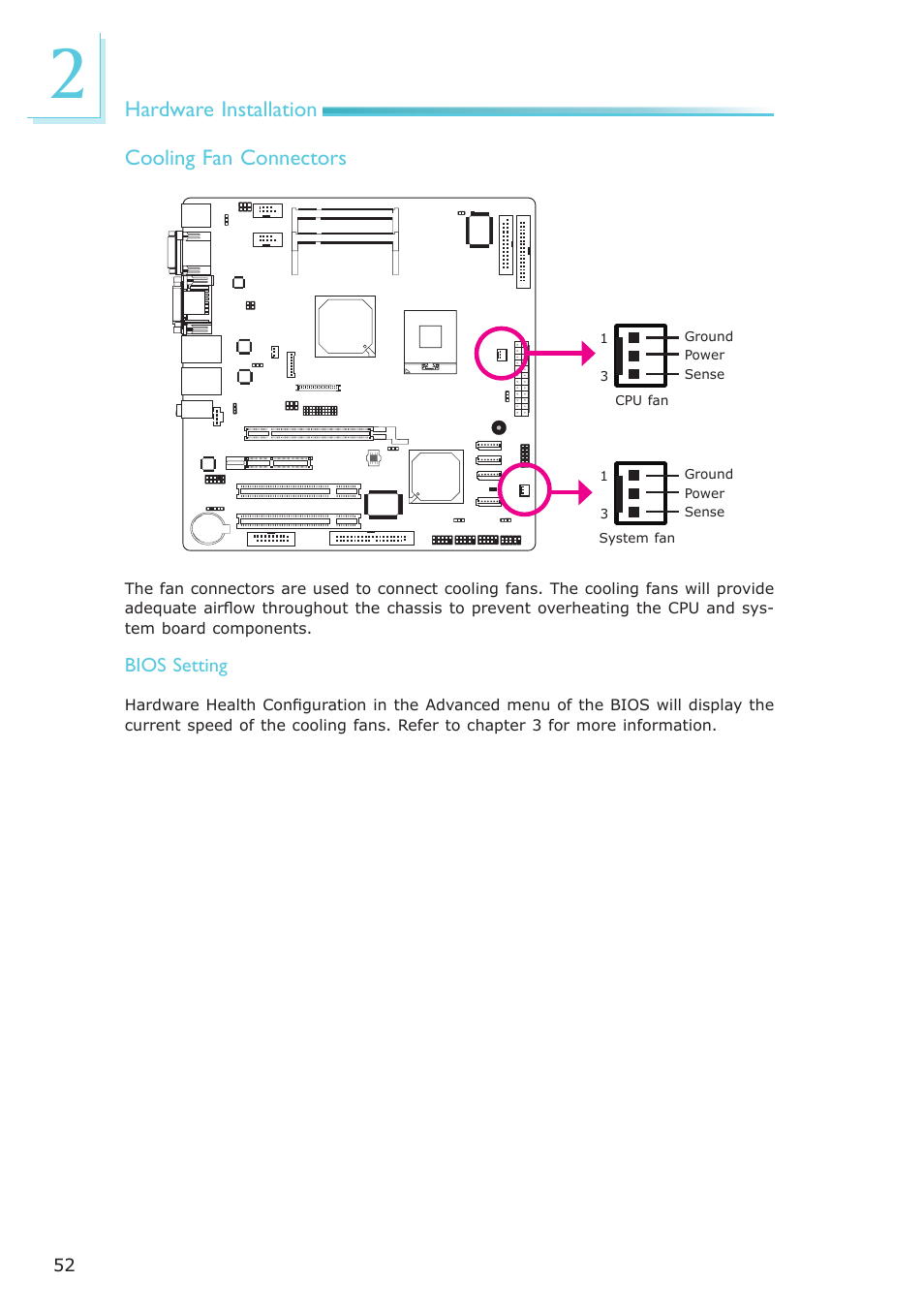Hardware installation cooling fan connectors | DFI CA331-NR User Manual | Page 52 / 131