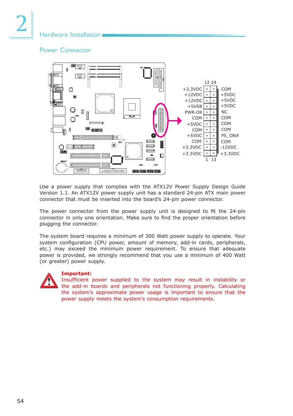 Hardware installation power connector | DFI CA331-NR User Manual | Page 54 / 131