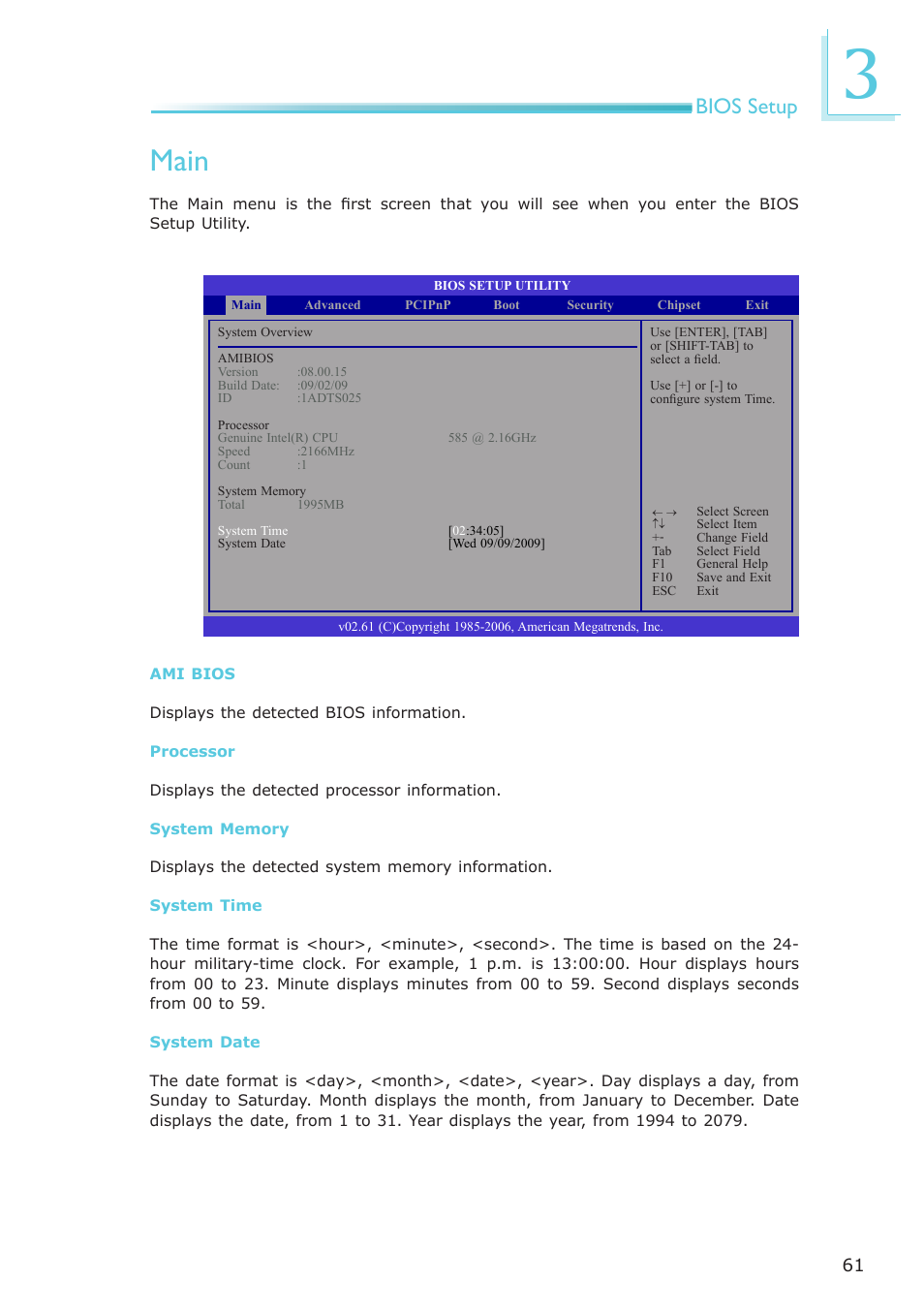 Main, Bios setup | DFI CA331-NR User Manual | Page 61 / 131