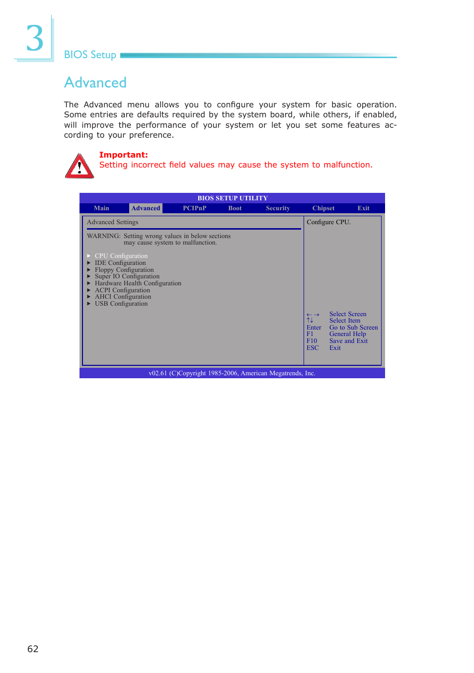 Advanced, Bios setup | DFI CA331-NR User Manual | Page 62 / 131