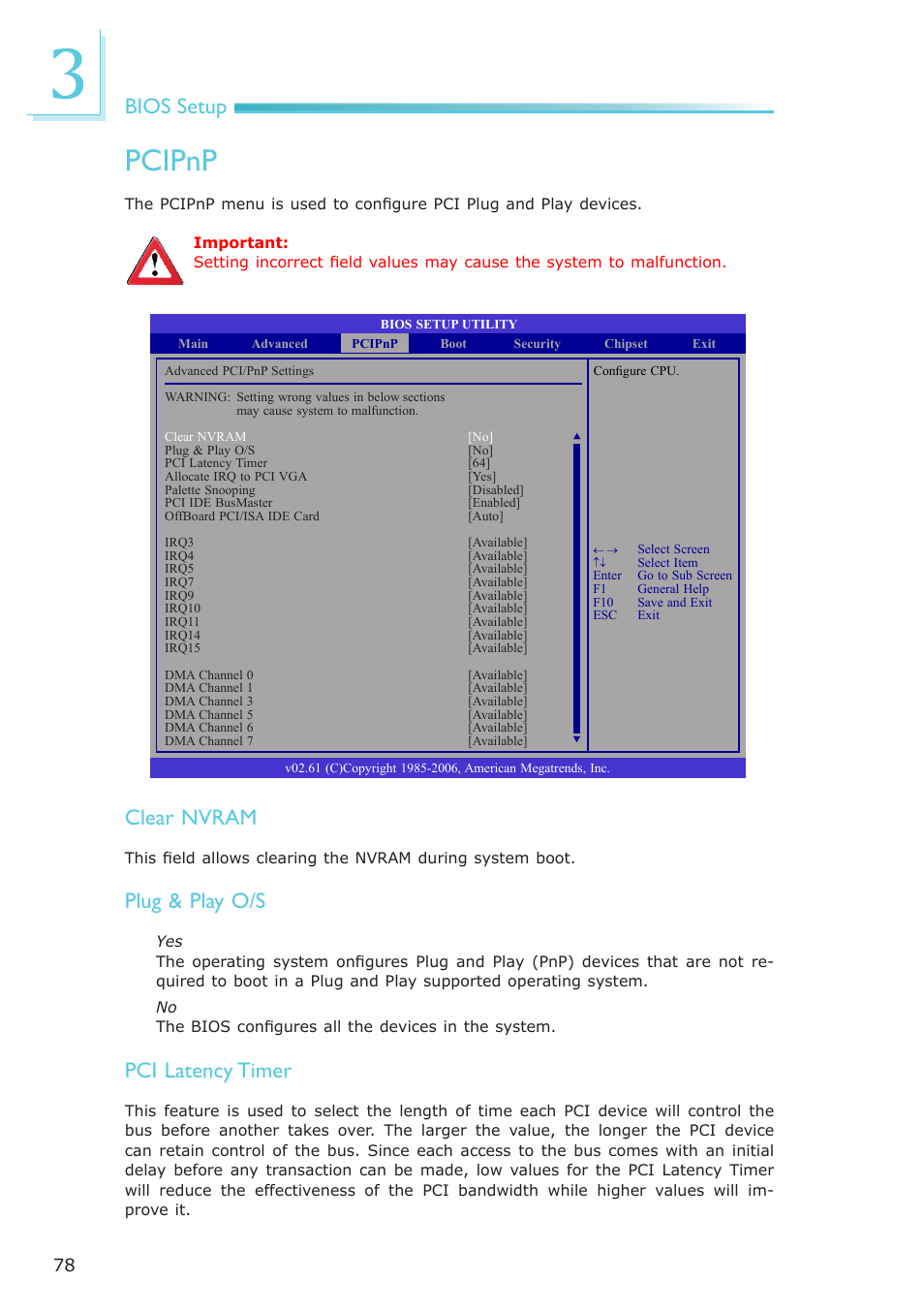 Pcipnp, Bios setup, Clear nvram | Plug & play o/s, Pci latency timer | DFI CA331-NR User Manual | Page 78 / 131
