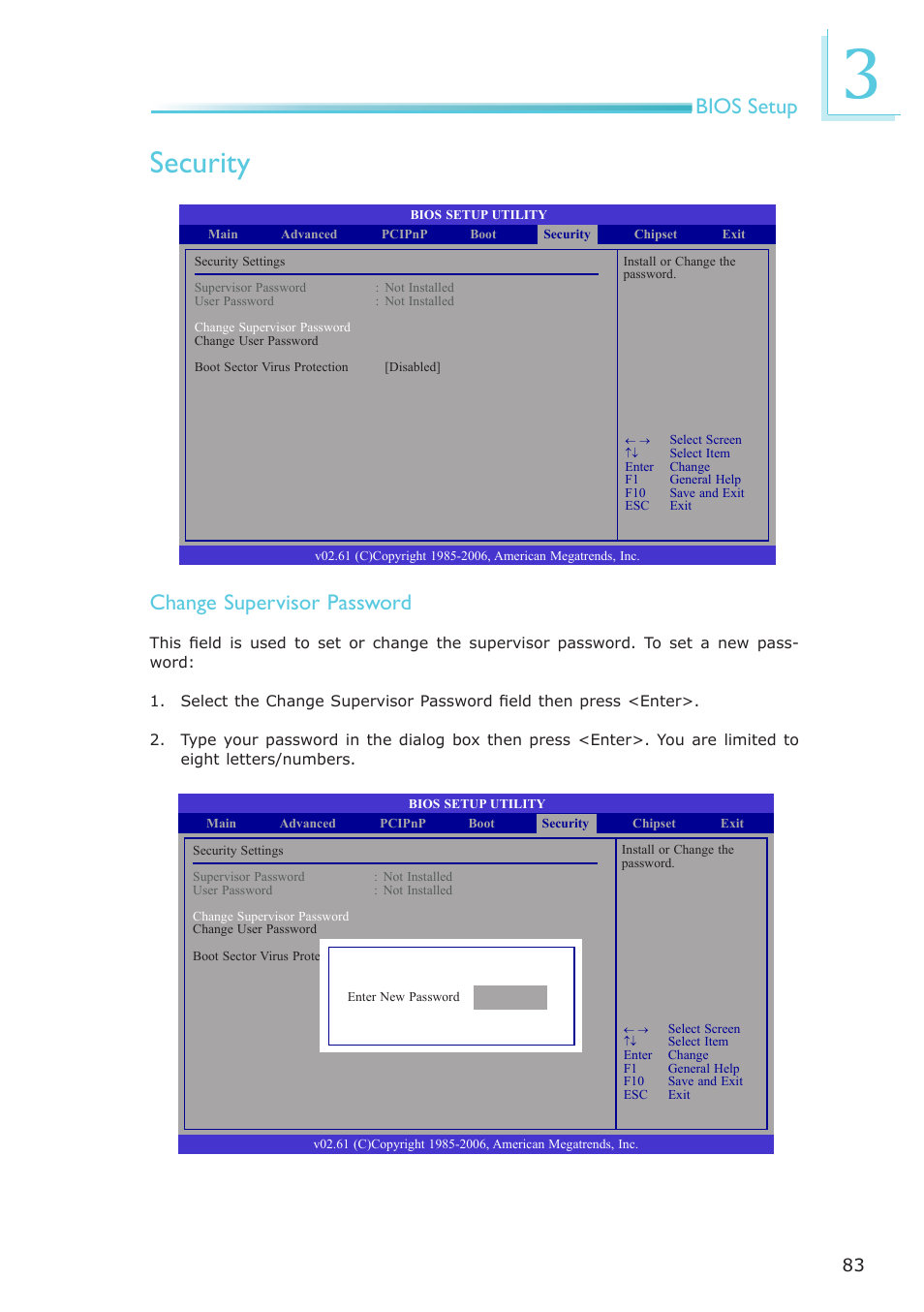 Security, Bios setup, Change supervisor password | DFI CA331-NR User Manual | Page 83 / 131