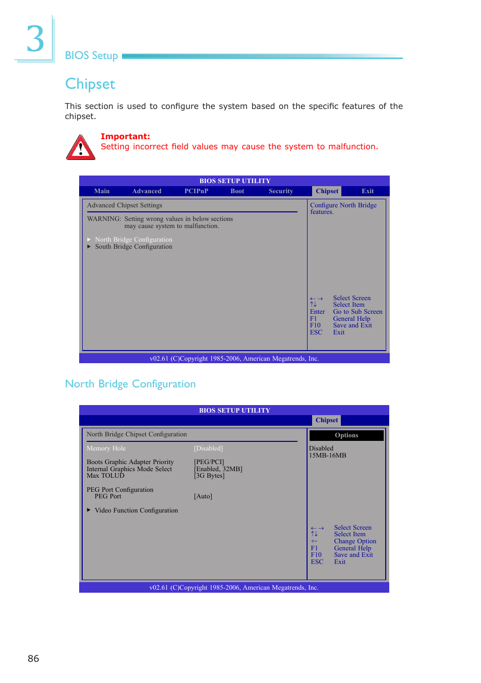Chipset, Bios setup, North bridge configuration | DFI CA331-NR User Manual | Page 86 / 131