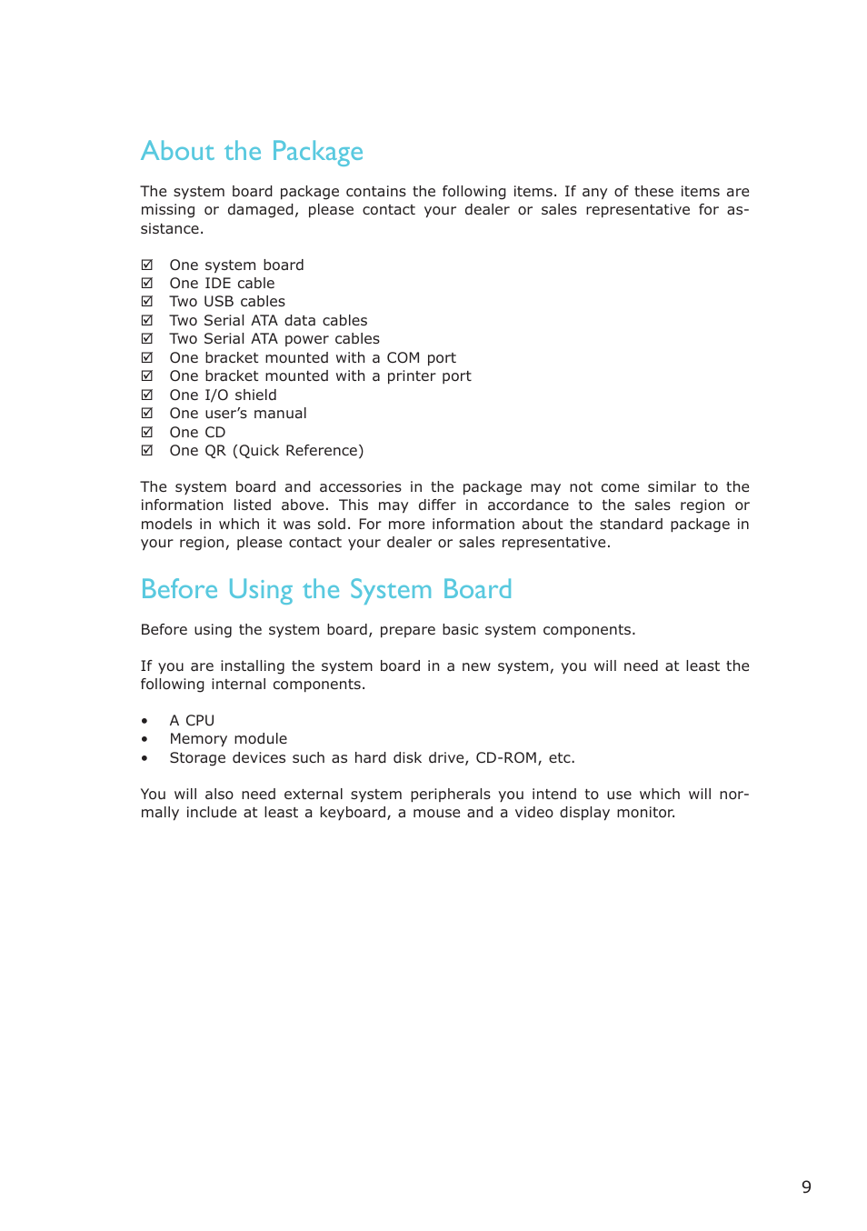 About the package, Before using the system board | DFI CA331-NR User Manual | Page 9 / 131