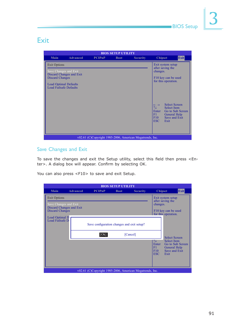 Exit, Bios setup, Save changes and exit | DFI CA331-NR User Manual | Page 91 / 131