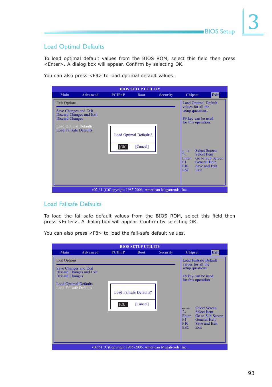Bios setup load optimal defaults, Load failsafe defaults | DFI CA331-NR User Manual | Page 93 / 131