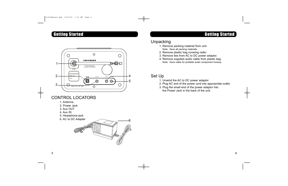 Control locators, Getting start e d, Getting start e d unpacking | Set up | Crosley Radio Crosley CR221 Solo User Manual | Page 4 / 7