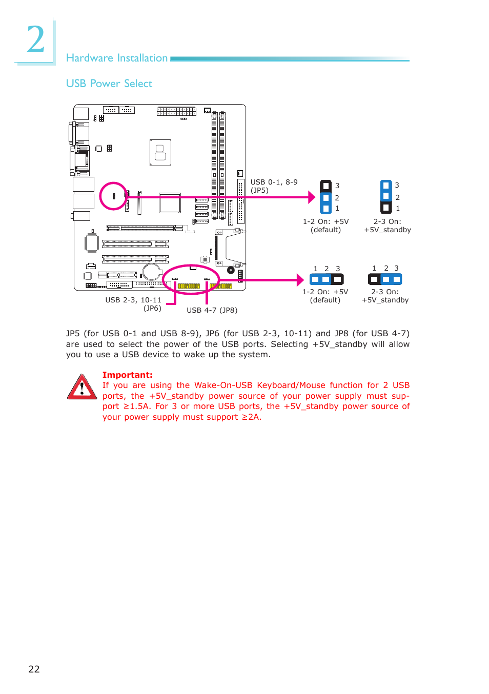 Hardware installation, Usb power select | DFI CP337-NRM User Manual | Page 22 / 174