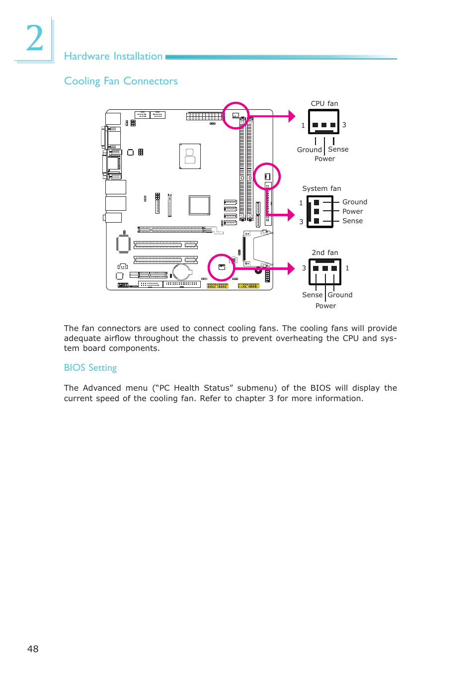 Hardware installation, Cooling fan connectors | DFI CP337-NRM User Manual | Page 48 / 174