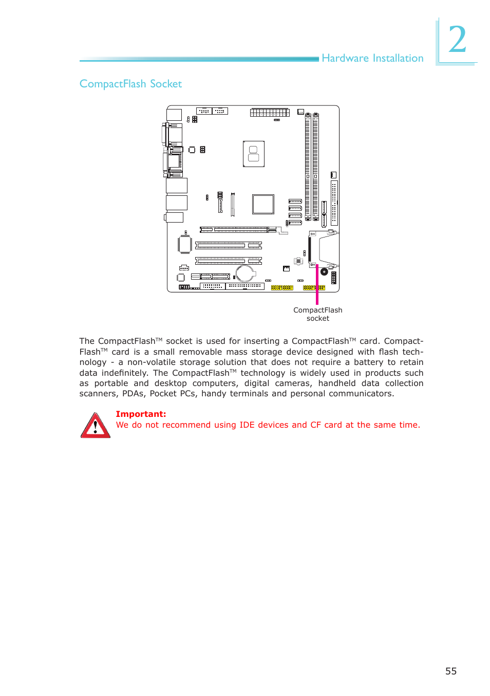 Hardware installation, Compactflash socket | DFI CP337-NRM User Manual | Page 55 / 174