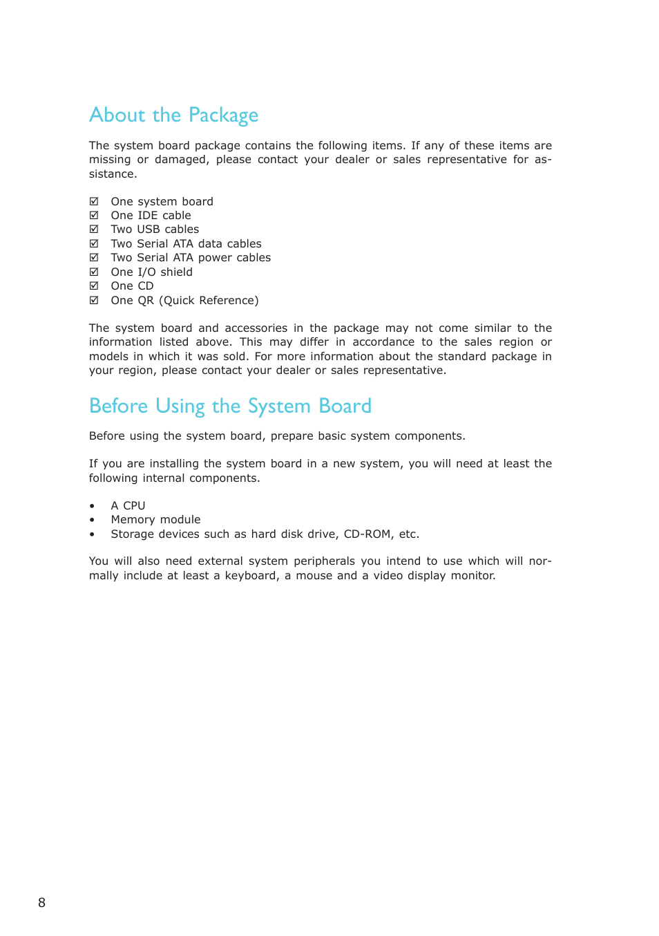 About the package, Before using the system board | DFI CP337-NRM User Manual | Page 8 / 174