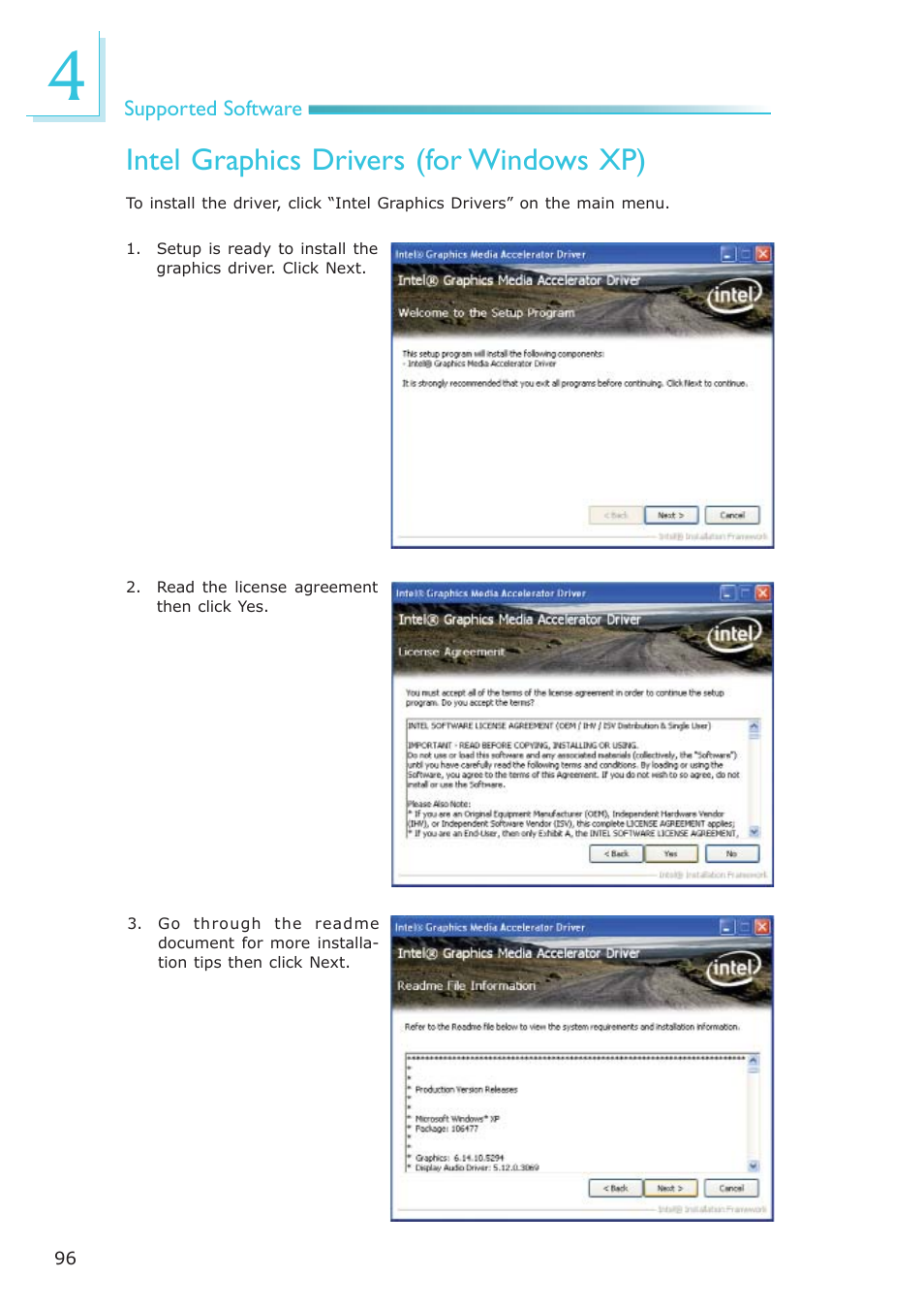 Intel graphics drivers (for windows xp) | DFI CP337-NRM User Manual | Page 96 / 174