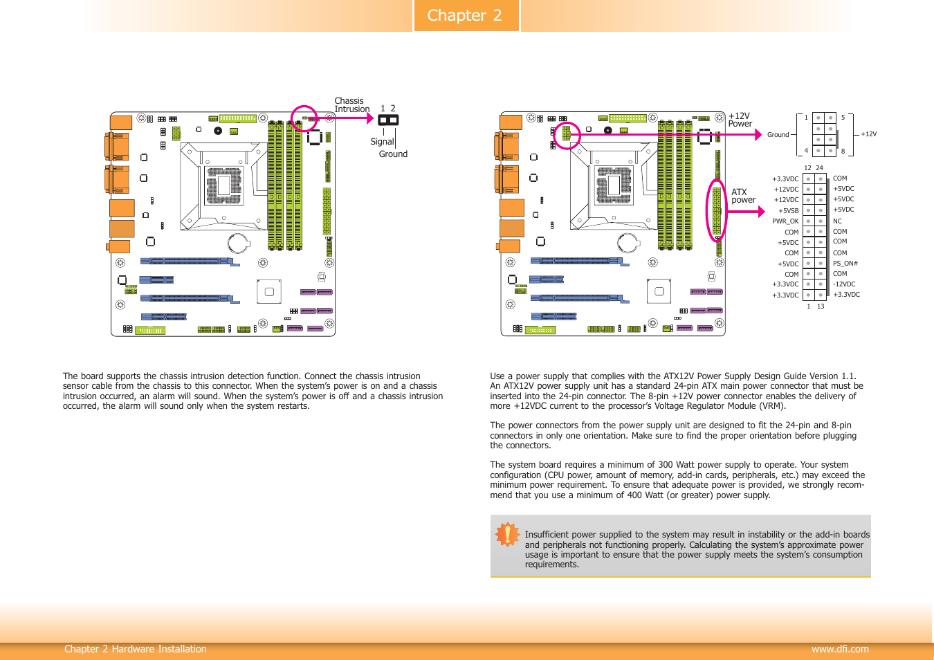 Chapter 2, Chassis intrusion connector, Power connectors | DFI DL310-C226 User Manual | Page 26 / 101