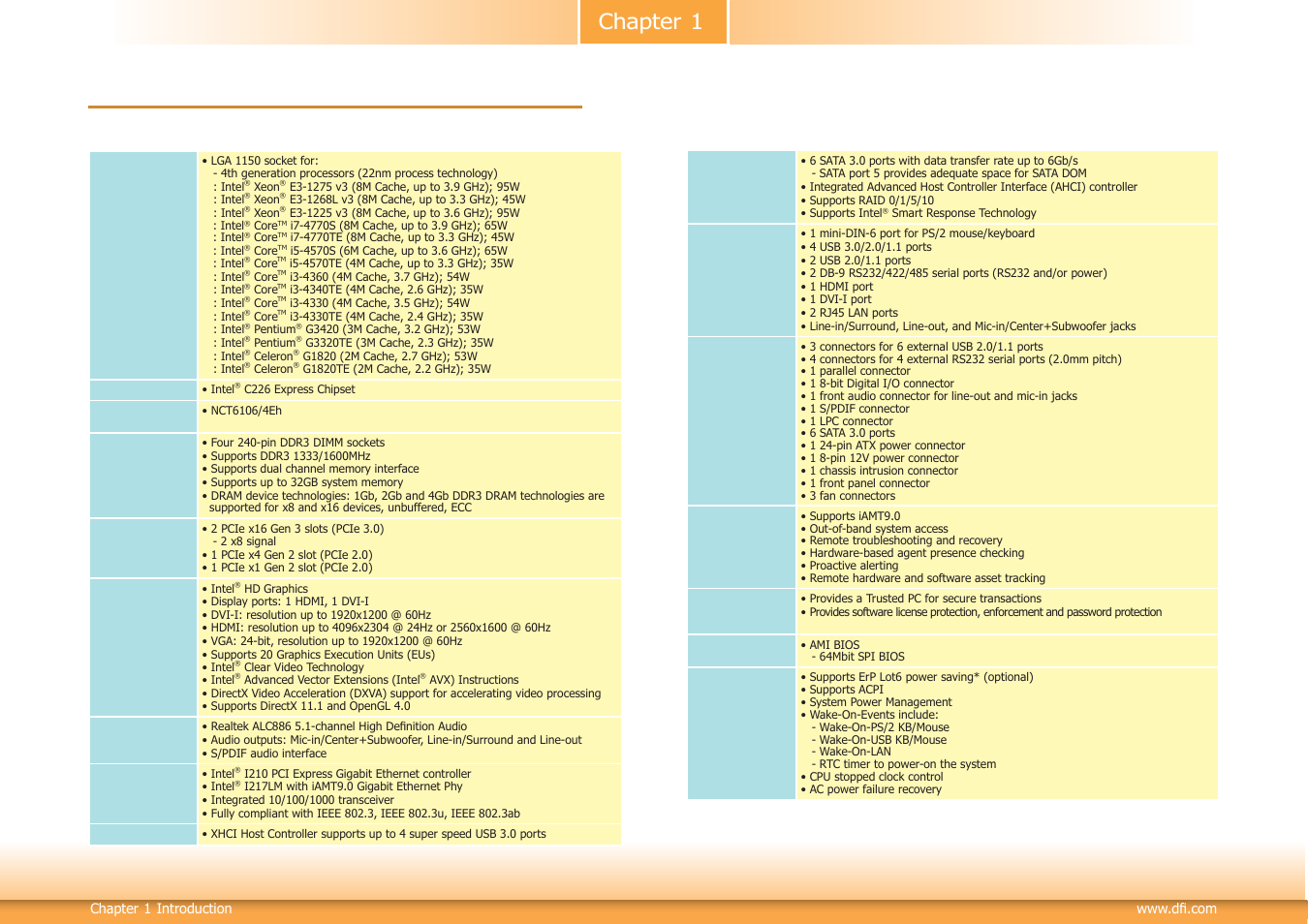 Chapter 1 - introduction, Specifications, Chapter 1 | DFI DL310-C226 User Manual | Page 6 / 101