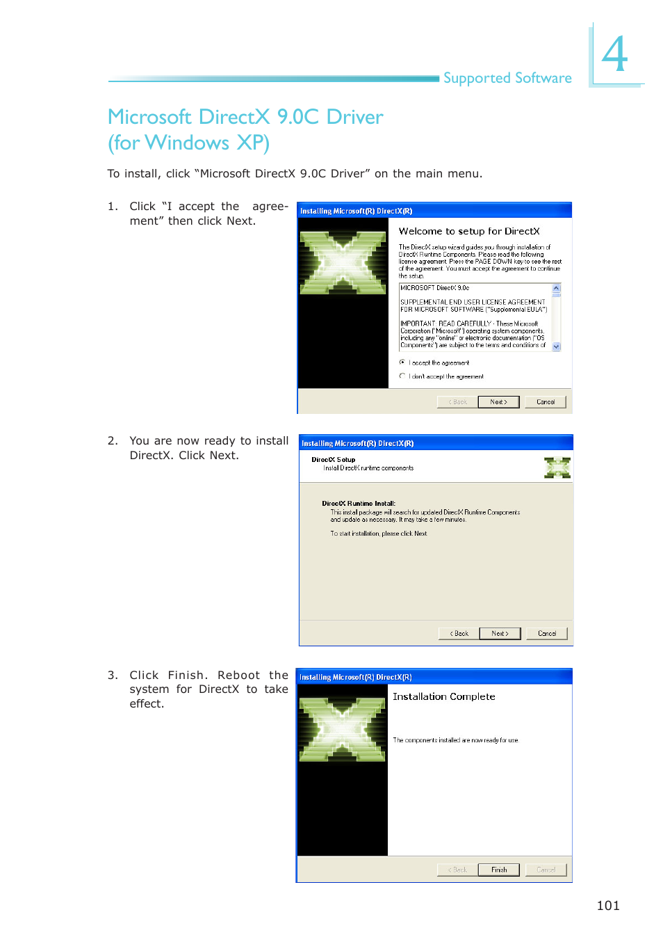 Microsoft directx 9.0c driver (for windows xp) | DFI EL330-DR User Manual | Page 101 / 142