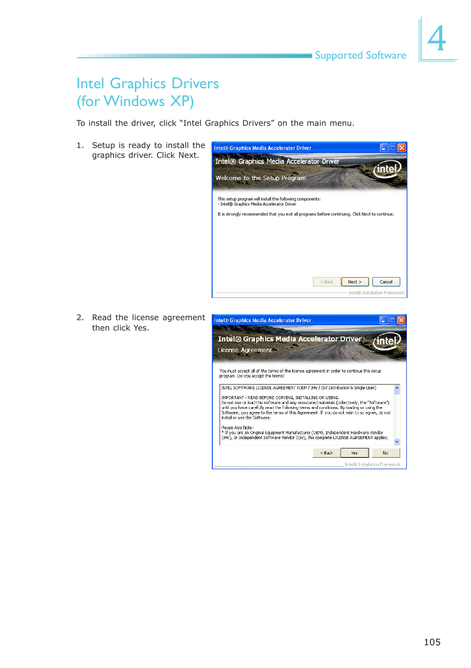 Intel graphics drivers (for windows xp) | DFI EL330-DR User Manual | Page 105 / 142