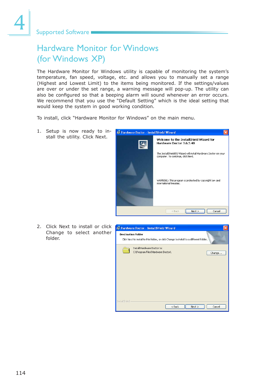 Hardware monitor for windows (for windows xp) | DFI EL330-DR User Manual | Page 114 / 142