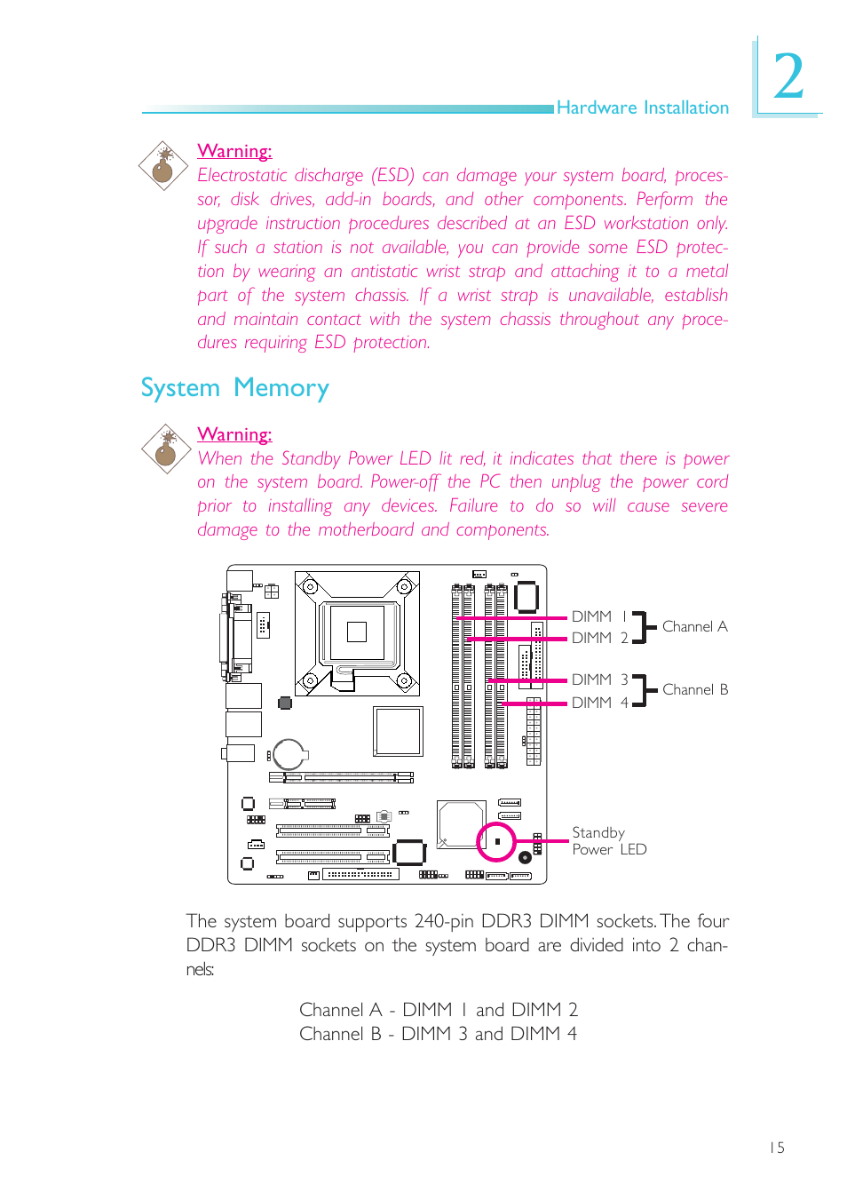 System memory, Hardware installation, Dimm 1 dimm 2 dimm 3 dimm 4 channel a channel b | Standby power led | DFI EL330-DR User Manual | Page 15 / 142